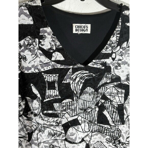Chicos Design Black & White Abstract Print Lace Lined Woman Blouse X-Large Sz 3 - Picture 5 of 7